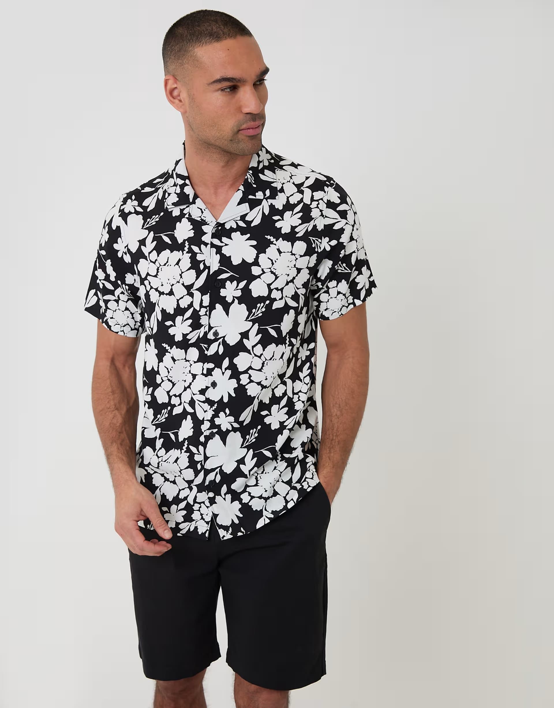 ASOS Threadbare short sleeve shirt in black and white floral print