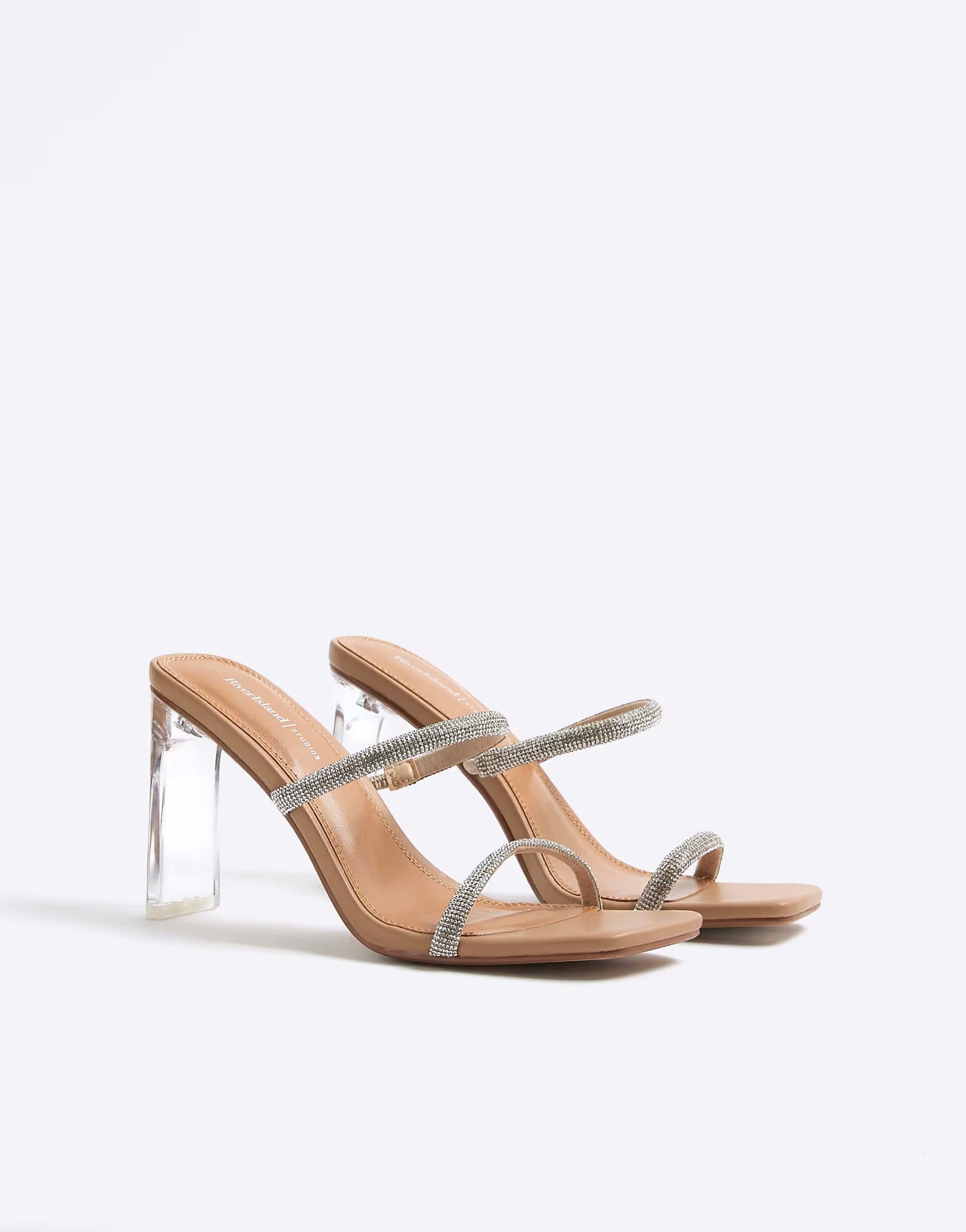 ASOS River Island Diamante double strap heeled mules in beige - light