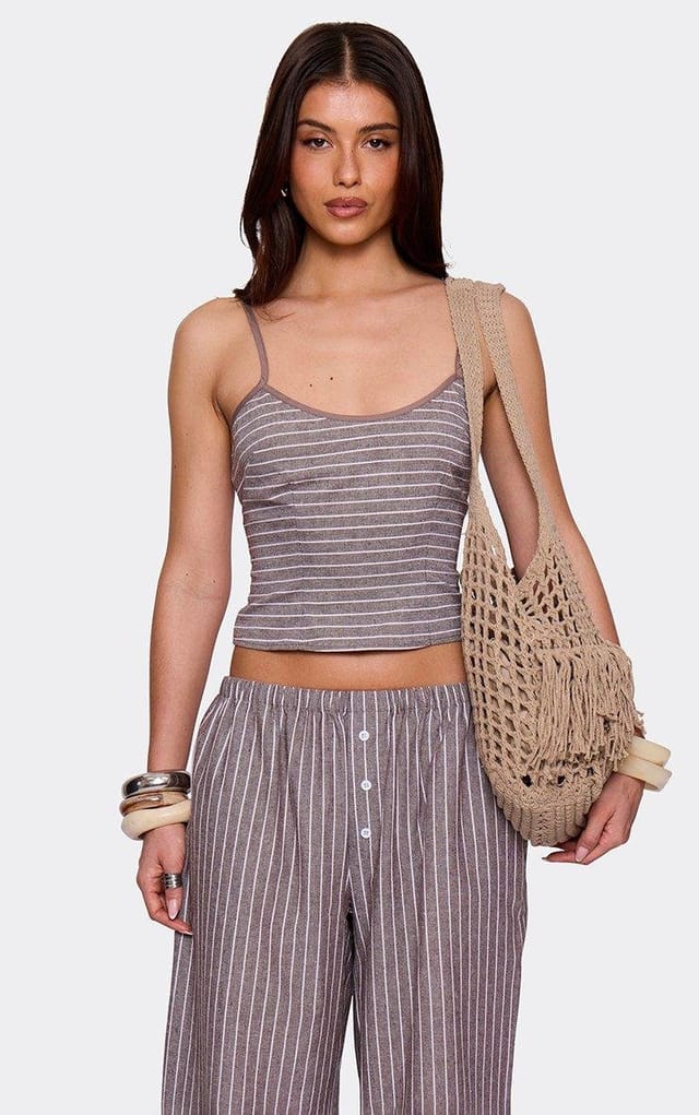 EGO Scoop Neck Cami Top In Brown Pinstripe, Women's Size UK L - 2