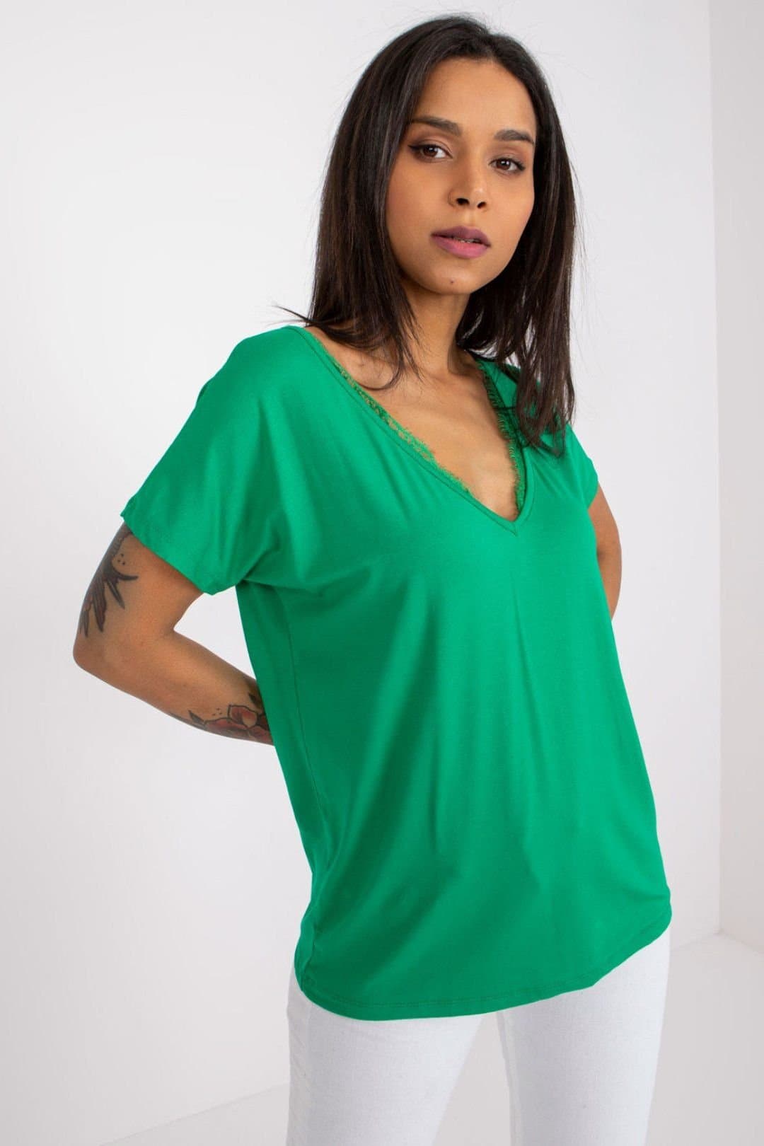 Love Lace Love Lace Women's Lace Trim V Neck Short Sleeve T-Shirt in Green