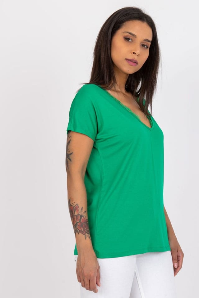 Love Lace Love Lace Women's Lace Trim V Neck Short Sleeve T-Shirt in Green - 3