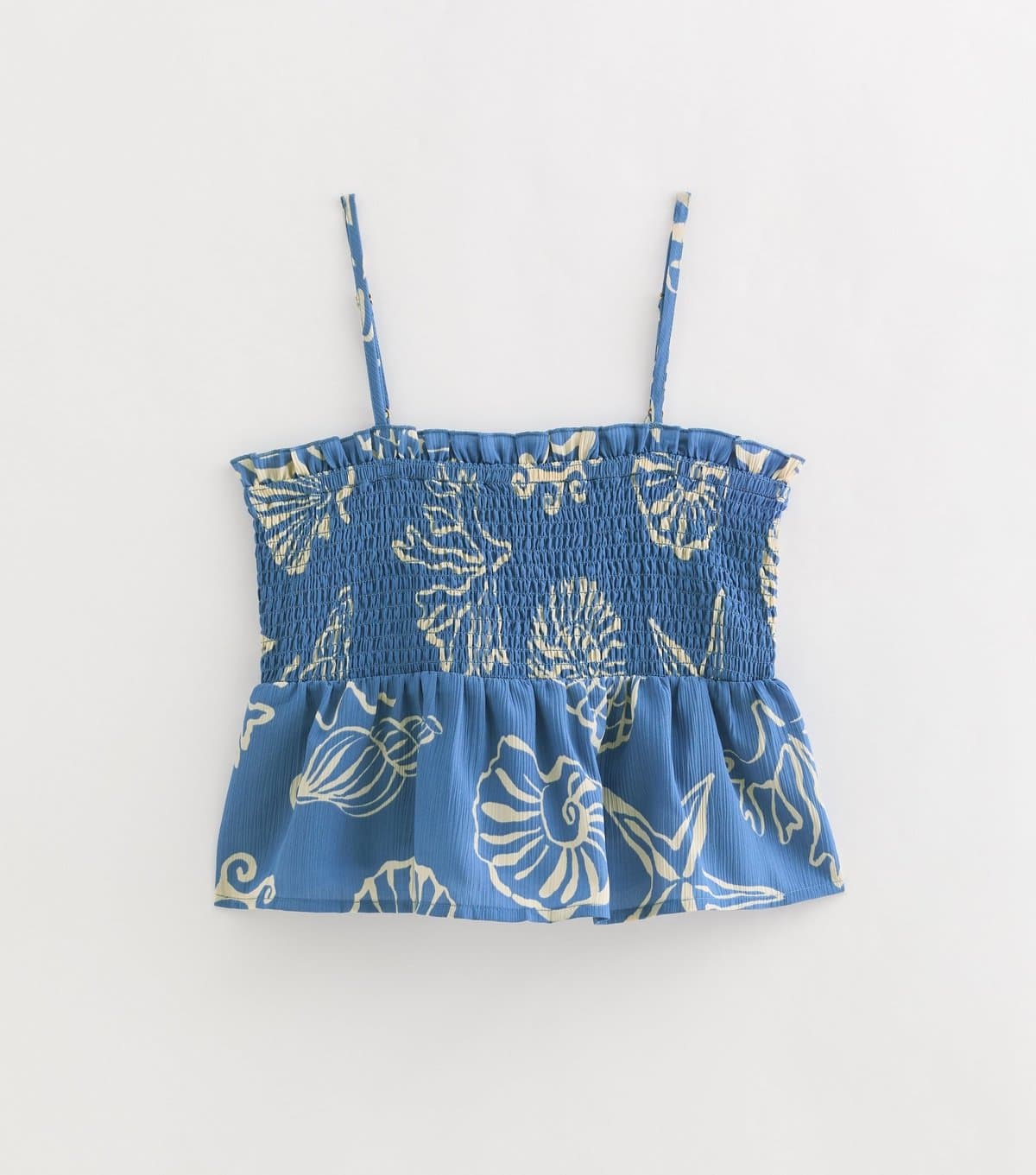 New Look Women's Blue and White Sea Print Shirred Peplum Cami Top New Look
