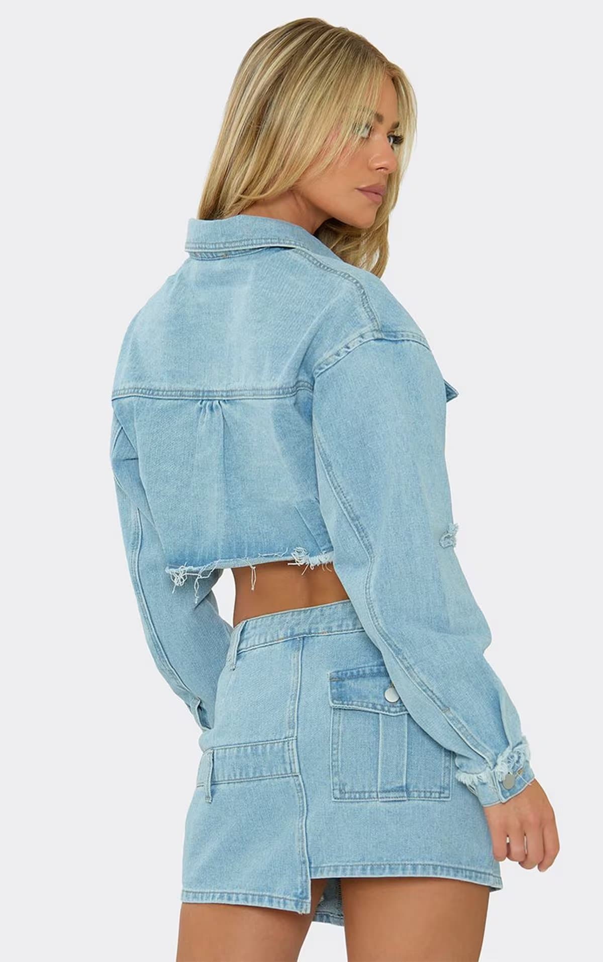 EGO Long Sleeve Distressed Hem Cropped Jacket In Light Blue Denim, Women's Size UK 6