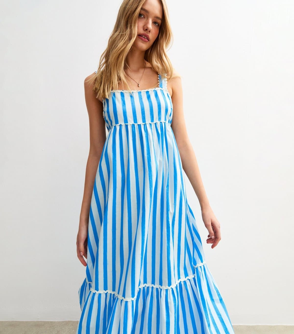 New Look Women's Blue Striped Scalloped Edge Midi Dress New Look