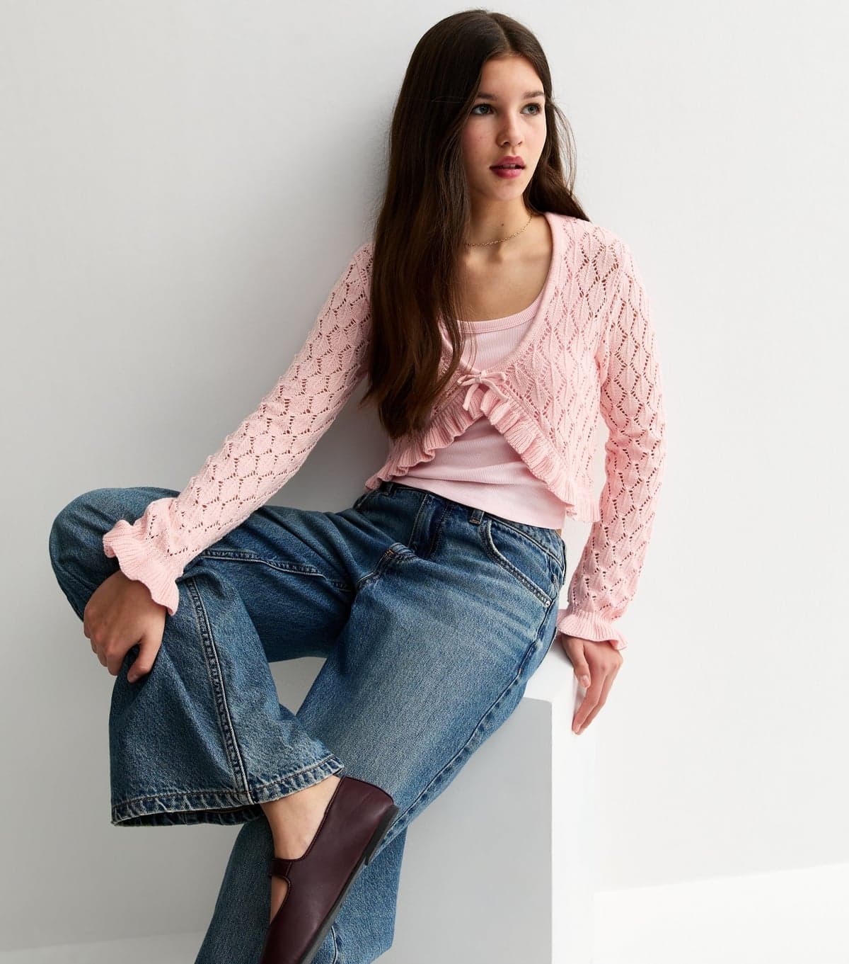 New Look Girls' Light Pink Ruffled Crochet Cardigan New Look