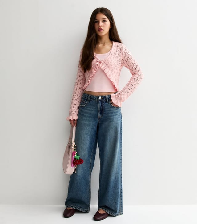 New Look Girls' Light Pink Ruffled Crochet Cardigan New Look - 3