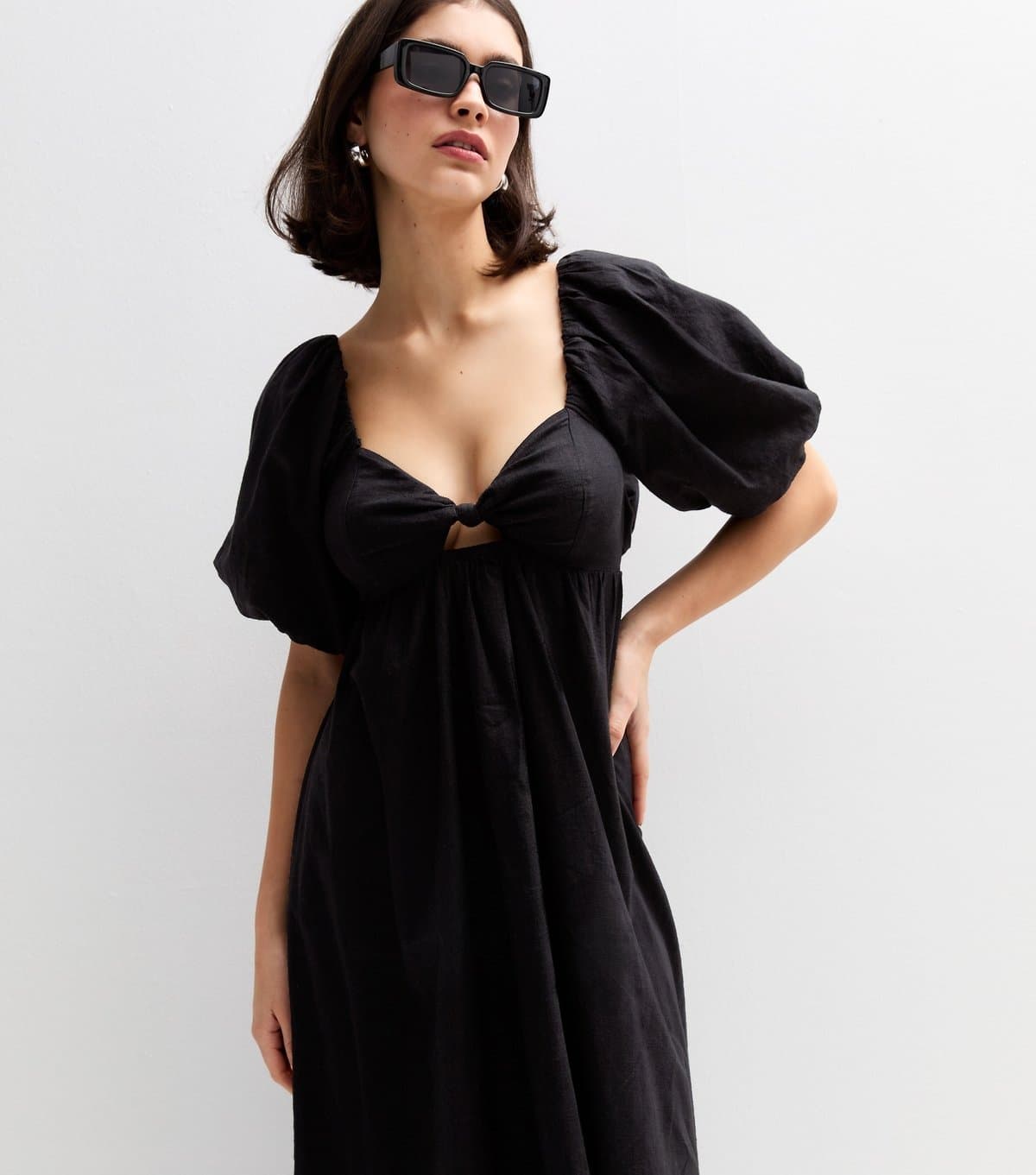 New Look Women's Black Puff Sleeve Knotted Front Midi Dress New Look