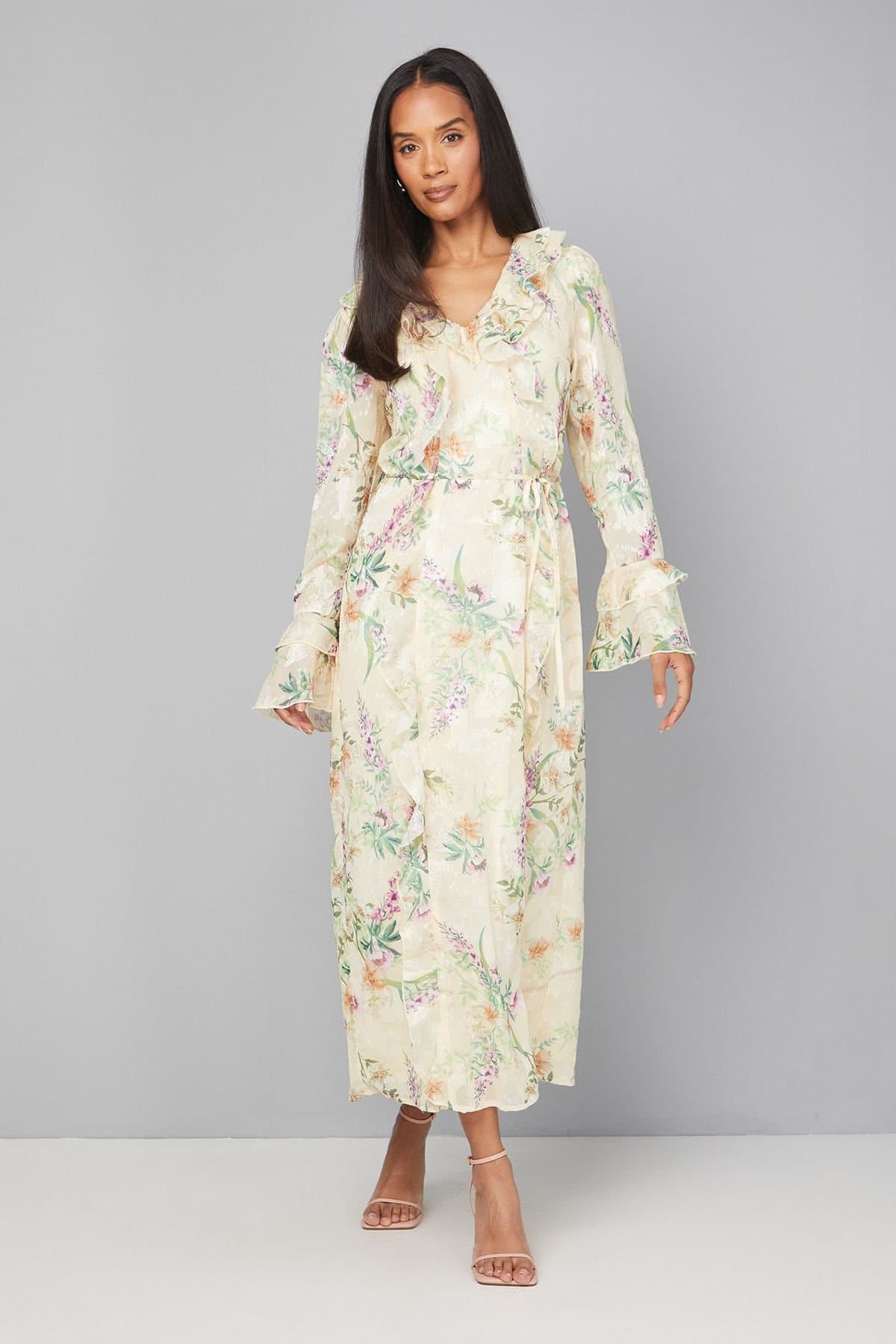 Wallis Wallis Women's Floral Ruffle Belted Midaxi Dress in Yellow