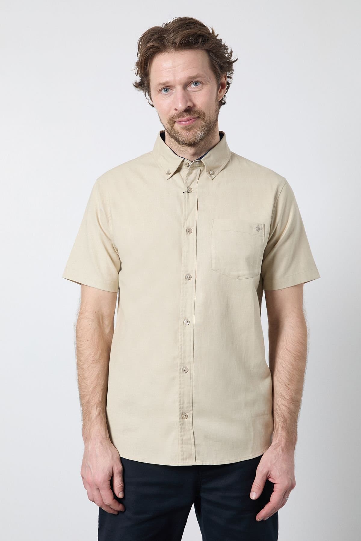 Maine Maine Men's Stone Short Sleeve Linen Blend Shirt