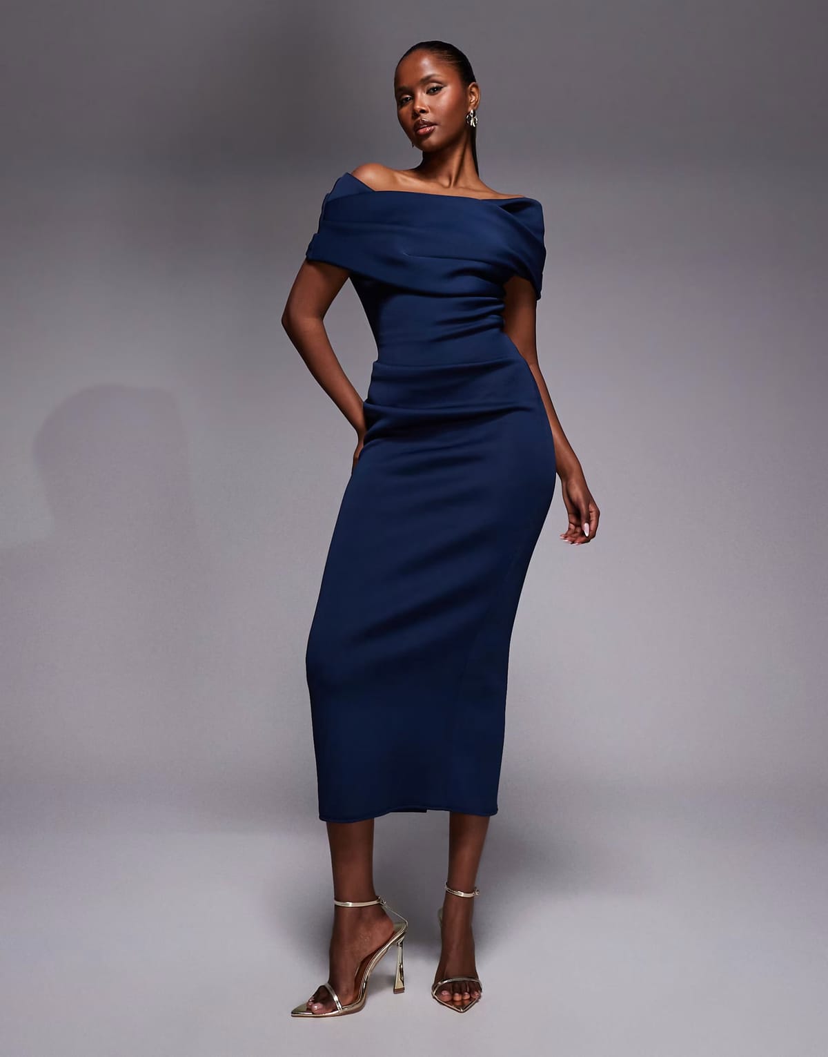 ASOS ASOS DESIGN ruched bardot midi dress in navy scuba-style fabric - 1
