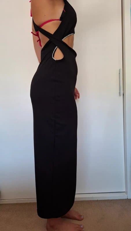 ASOS Black maxi length cut out party dress with bedazzled trims and high slit
