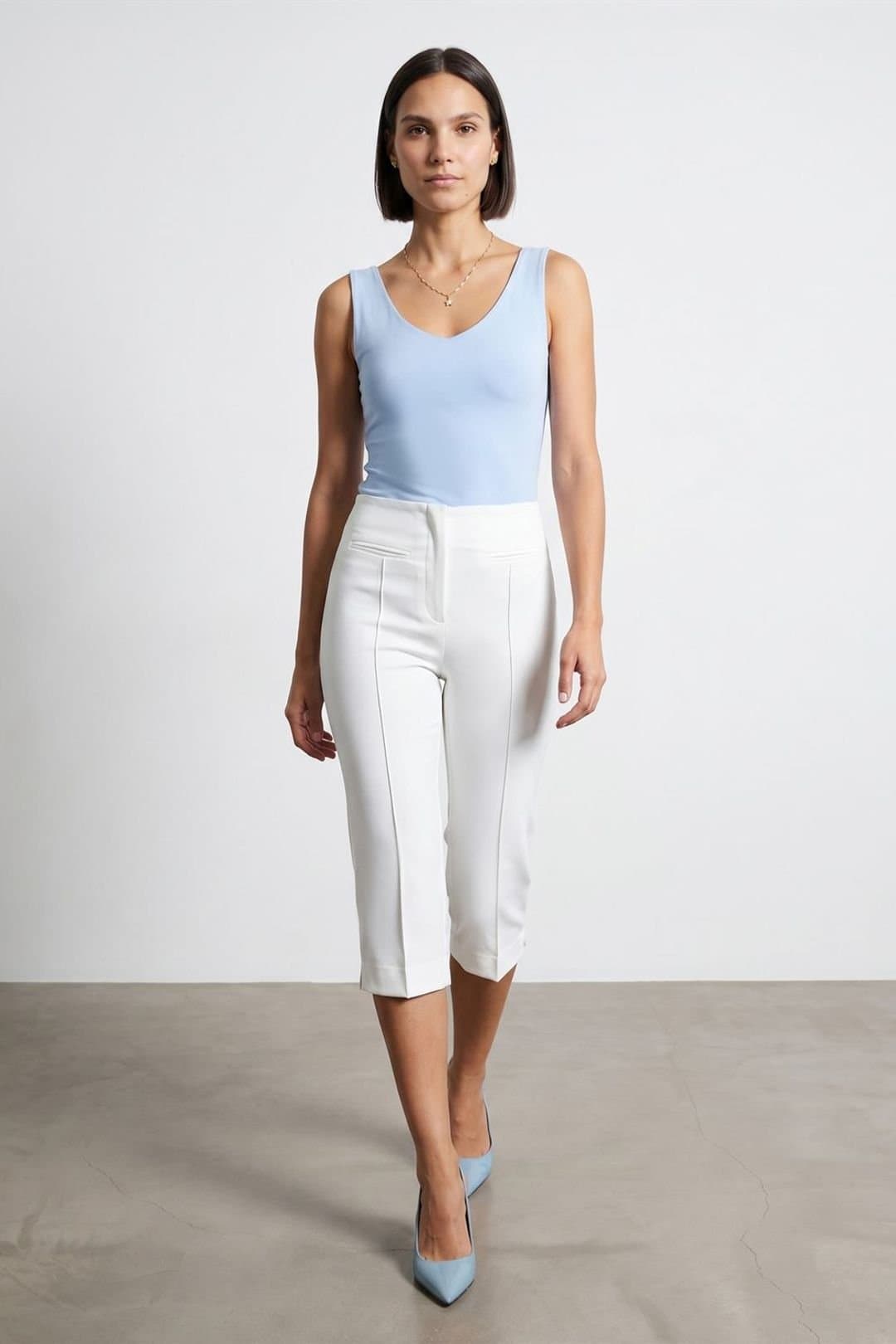 Dilvin Dilvin Women's High-Waist Capri Cigarette Trousers in White