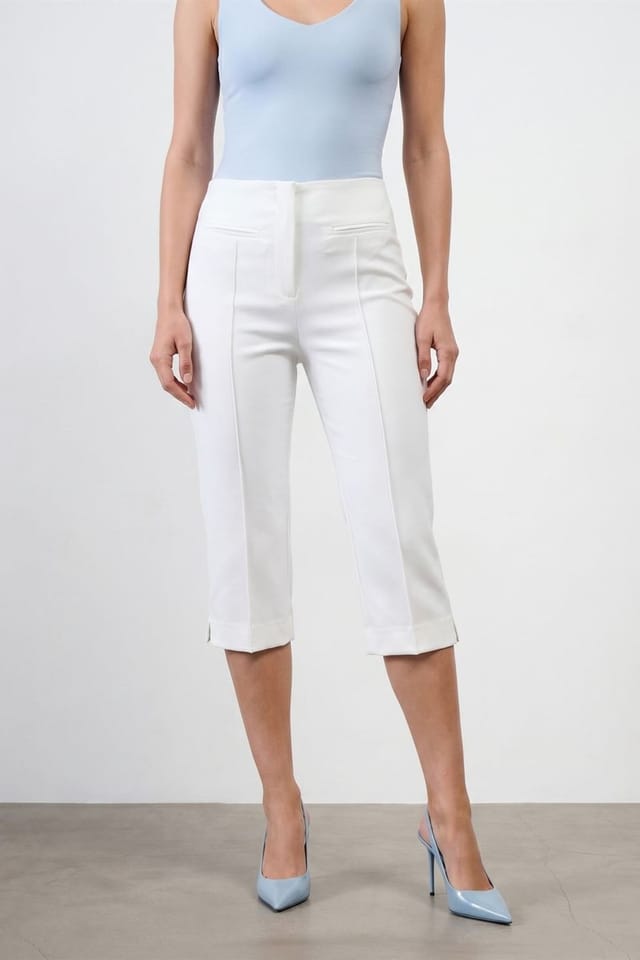 Dilvin Dilvin Women's High-Waist Capri Cigarette Trousers in White - 3
