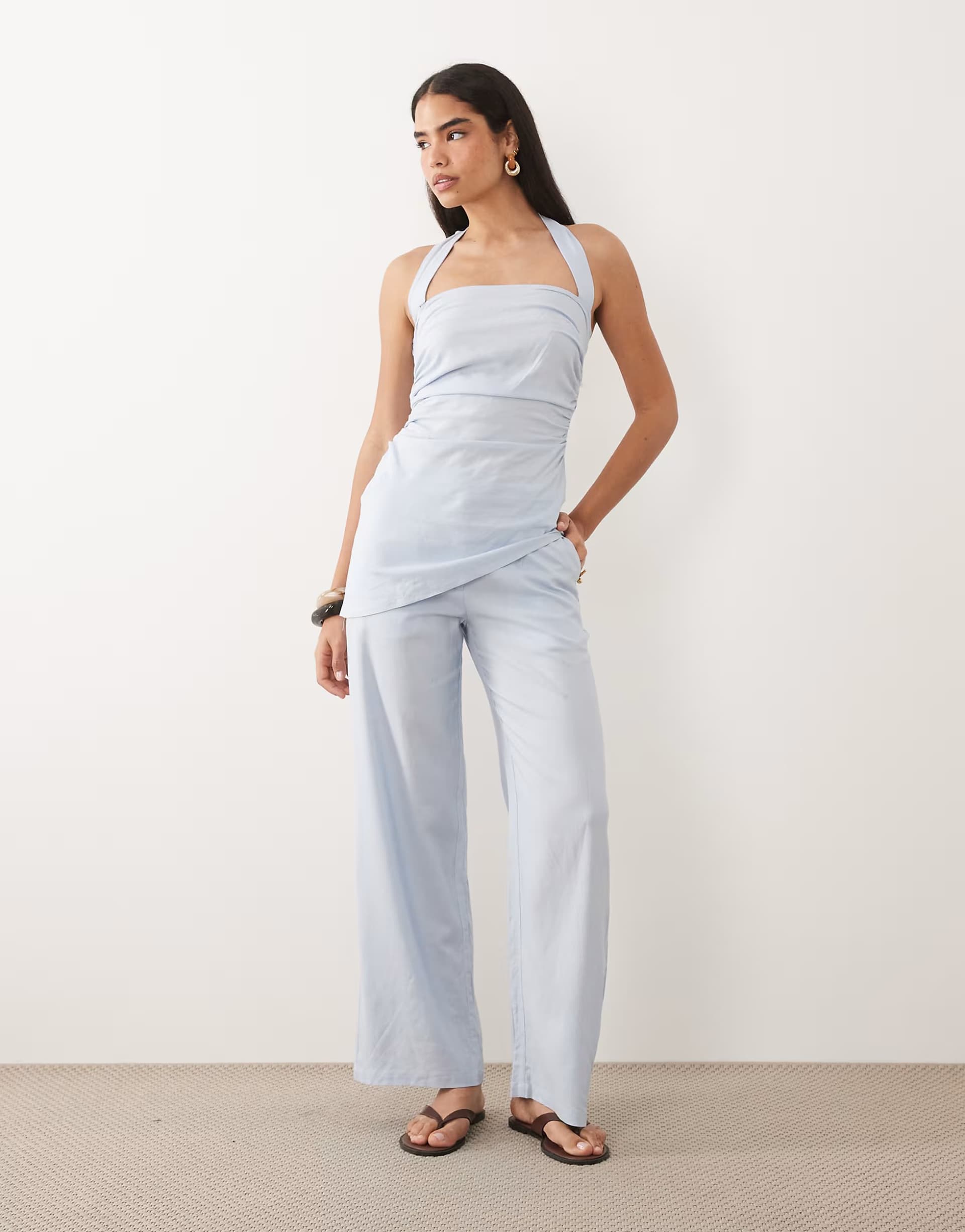 ASOS Kaiia exclusive linen blend halterneck asymmetric hem ruched detail top and trousers co-ord in light blue