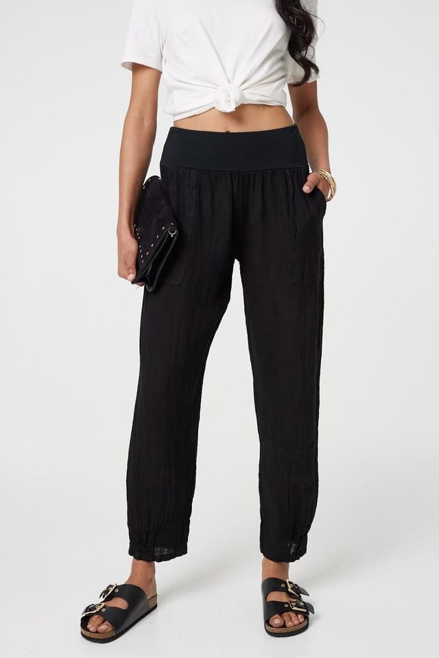 Izabel London Izabel London Women's Relaxed Linen Tapered Trousers in Black - 2