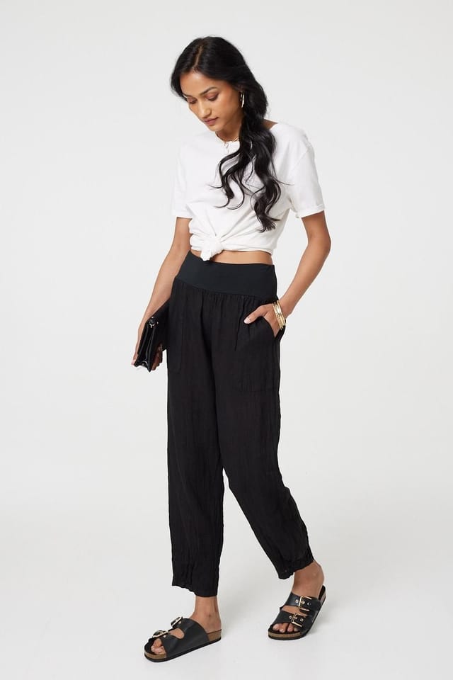 Izabel London Izabel London Women's Relaxed Linen Tapered Trousers in Black - 3