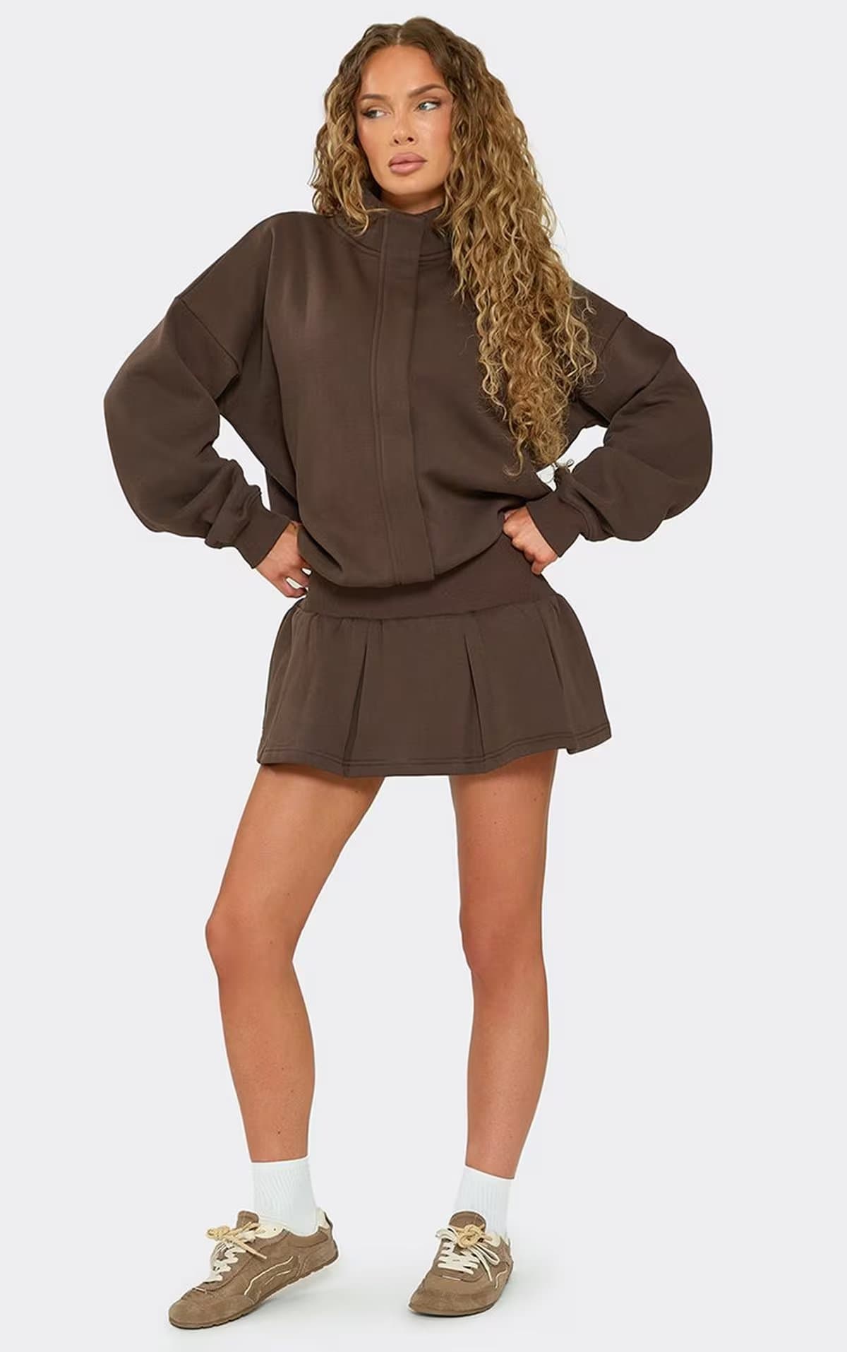 EGO Mid Rise Frill Hem Mini Sweat Skirt In Chocolate Brown, Women's Size UK 6