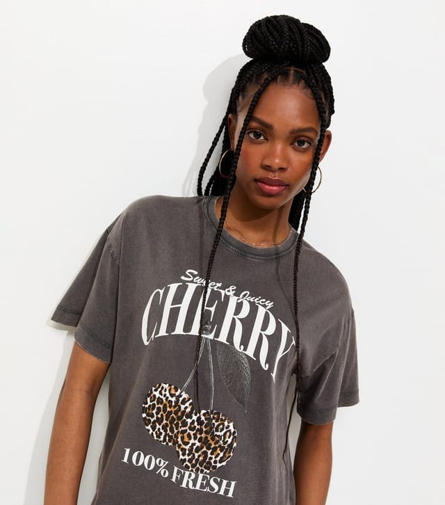 New Look Women's Dark Grey Cotton Print Cherry Print Oversized T-Shirt New Look - 2