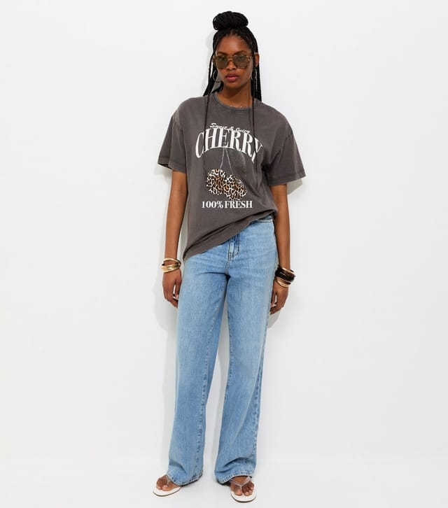 New Look Women's Dark Grey Cotton Print Cherry Print Oversized T-Shirt New Look - 3