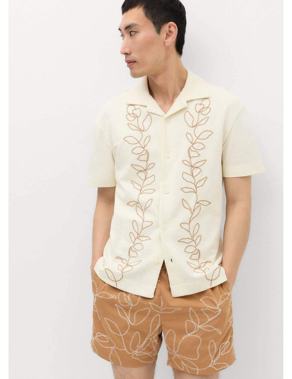Marks & Spencer M&S Pure Cotton Embroidered Short Sleeve Shirt Ecru