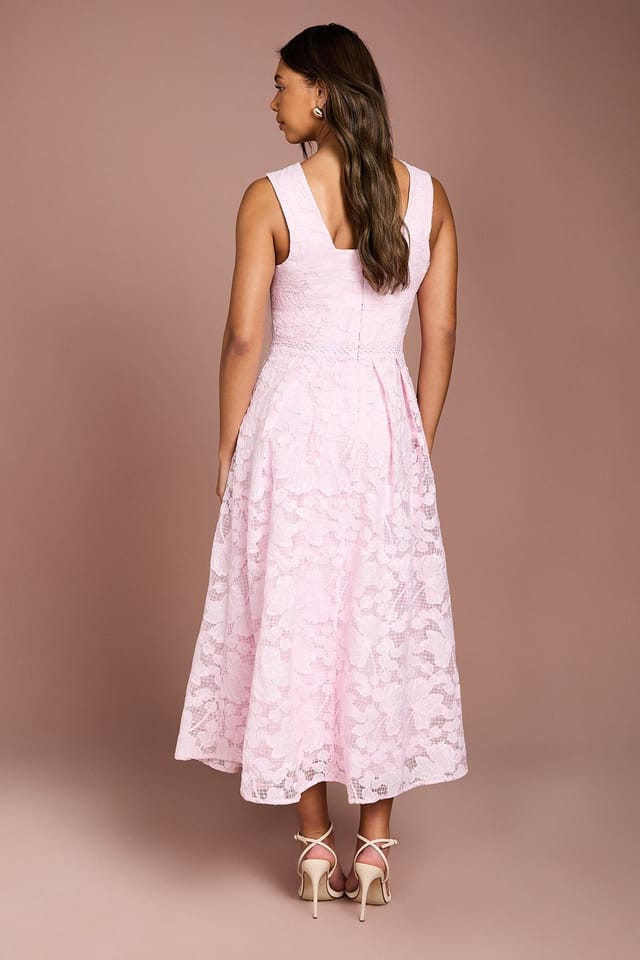 Coast Coast Women's V Neck Organza Lace Full Skirted Midi Dress in Lilac - 3