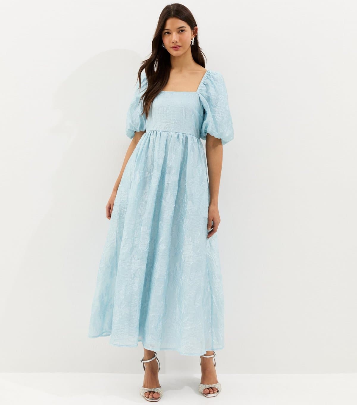 New Look Women's Light Blue Glitter Clipped Milkmaid Midi Dress New Look