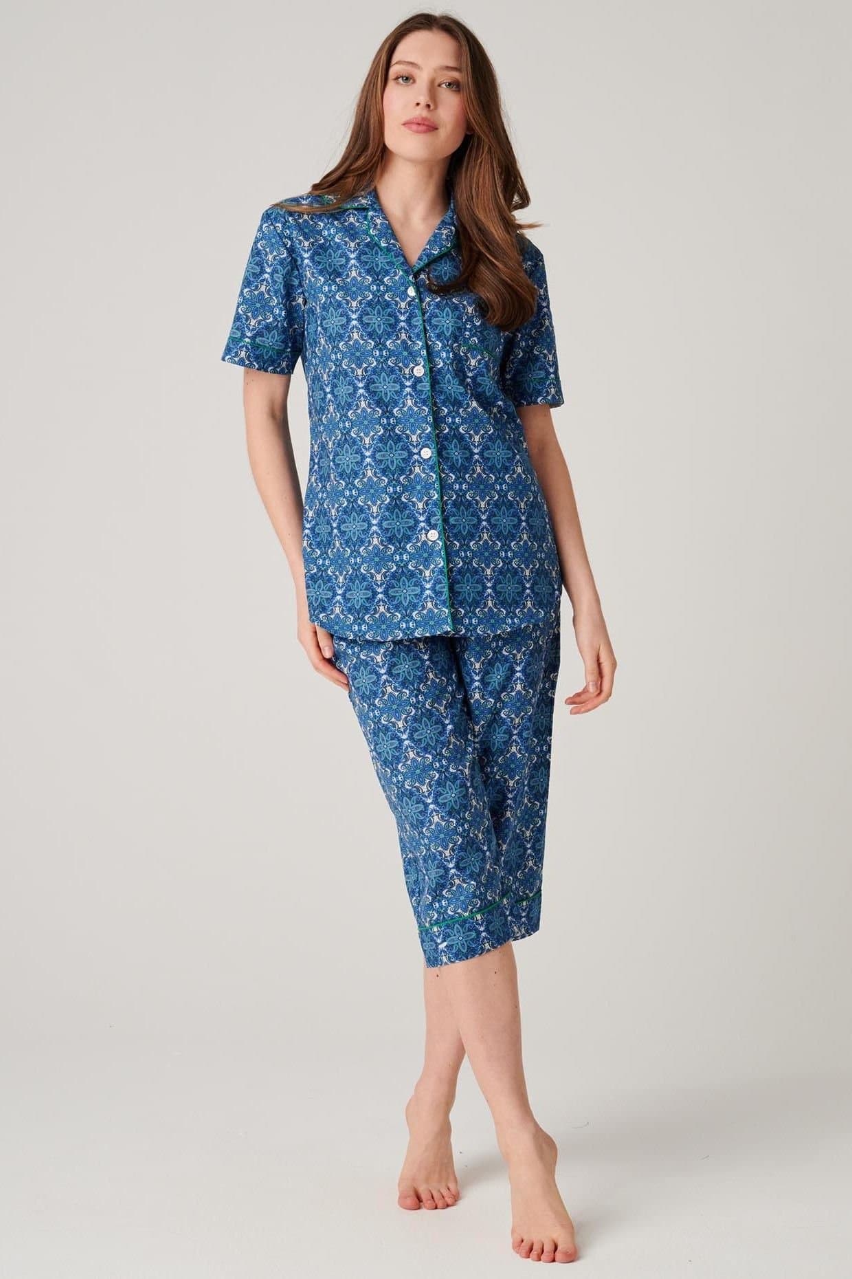 British Boxers British Boxers Women's "Marrakesh Paisley" Crisp Cotton 3/4 Length Pyjama Set in Bright Blue