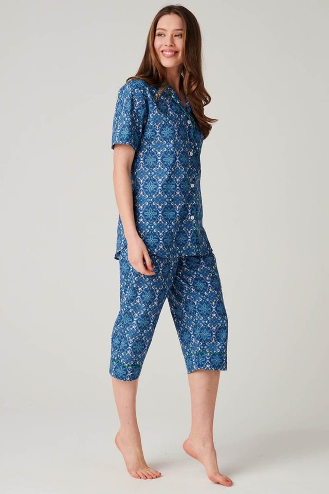 British Boxers British Boxers Women's "Marrakesh Paisley" Crisp Cotton 3/4 Length Pyjama Set in Bright Blue - 2