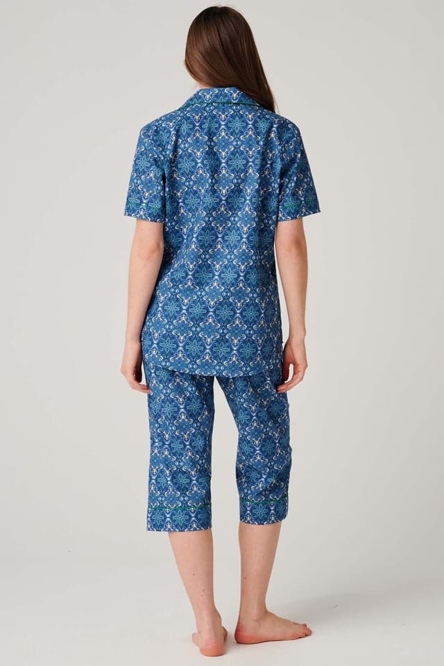 British Boxers British Boxers Women's "Marrakesh Paisley" Crisp Cotton 3/4 Length Pyjama Set in Bright Blue - 3
