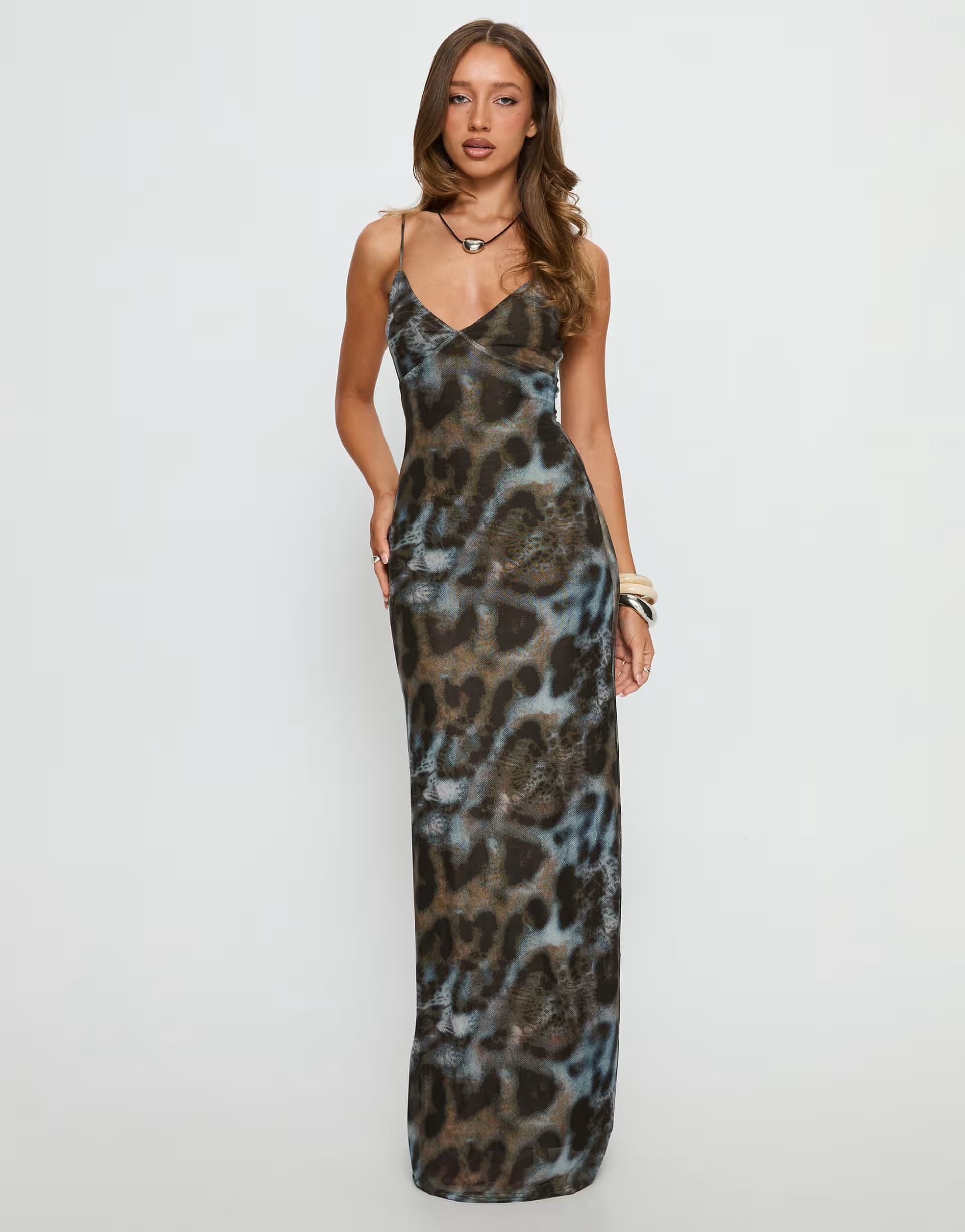 ASOS Princess Polly Saphrona mesh cami maxi dress in brown & turquoise animal print