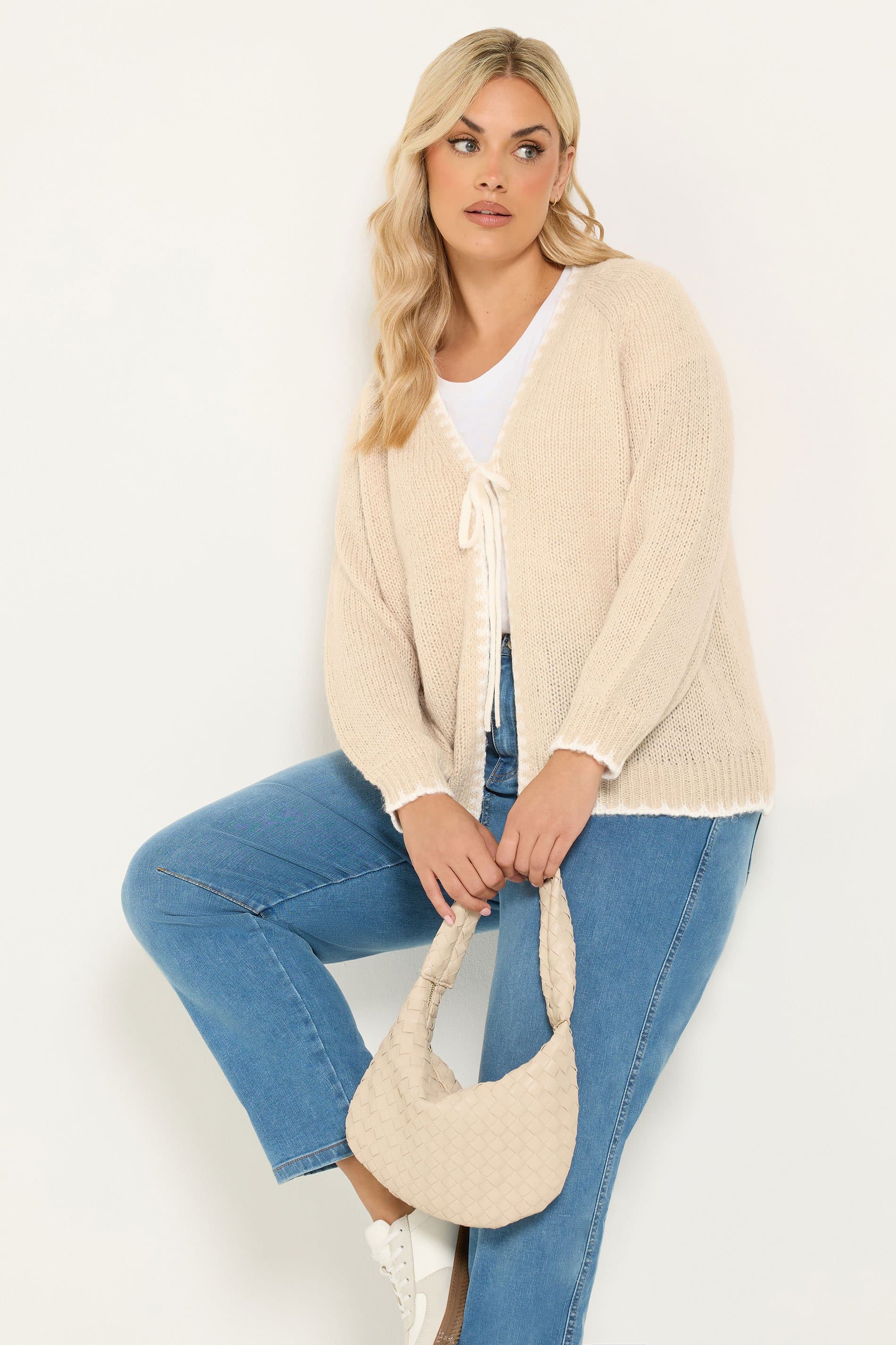 Yours Plus Size Beige Brown Blanket Stitch Tie Front Cardigan