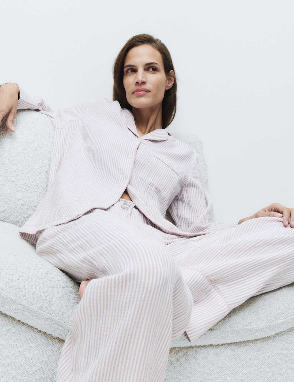 Marks & Spencer M&S Muslin Striped Revere Pyjama Set Fawn