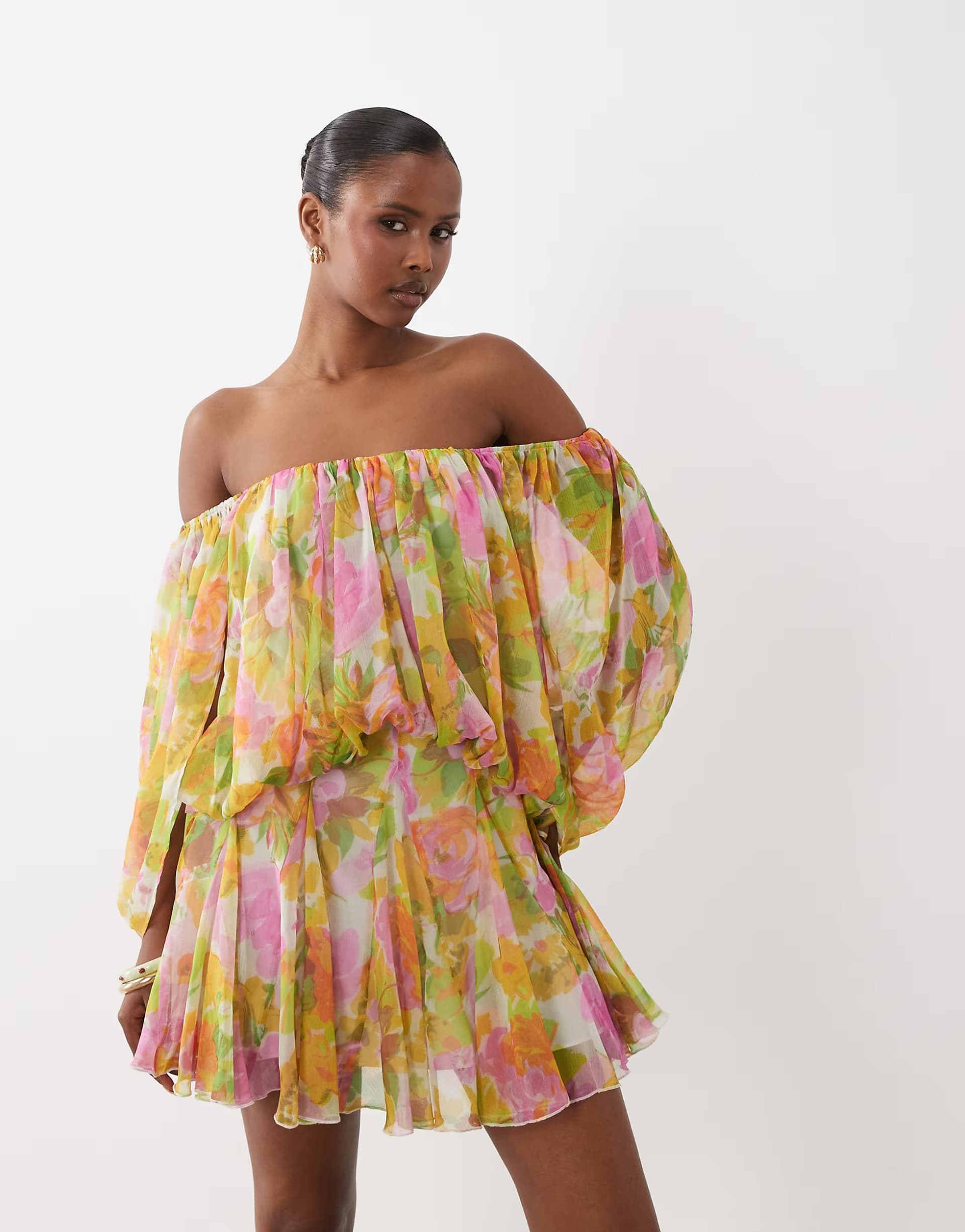 ASOS ASOS DESIGN blouson mini dress with split sleeve and volume godet skirt in floral print
