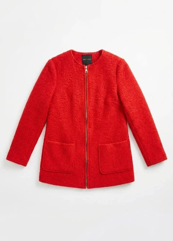 New Look Red Bouclé Coat UK 10 Parisian Style Spring Jacket Textured Zip Up Chic Statement Coat