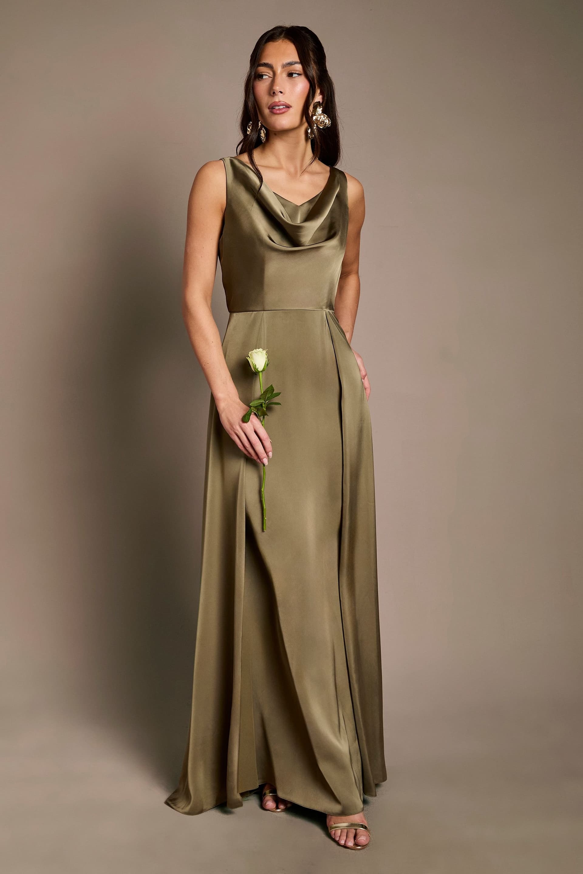Coast Coast Women's Honoured Sleeveless Cowl Neck Satin Maxi Bridesmaid Dress in Olive