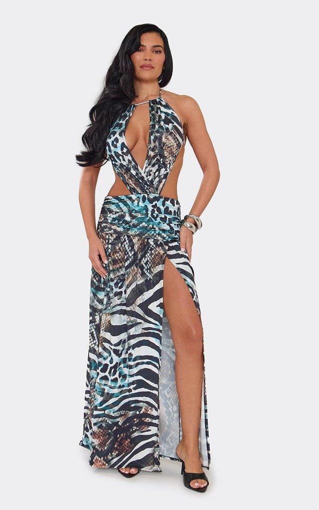 EGO Halterneck Plunge Cut Out Side Split Maxi Dress In Multi Animal Print, Women's Size UK 6 - 2