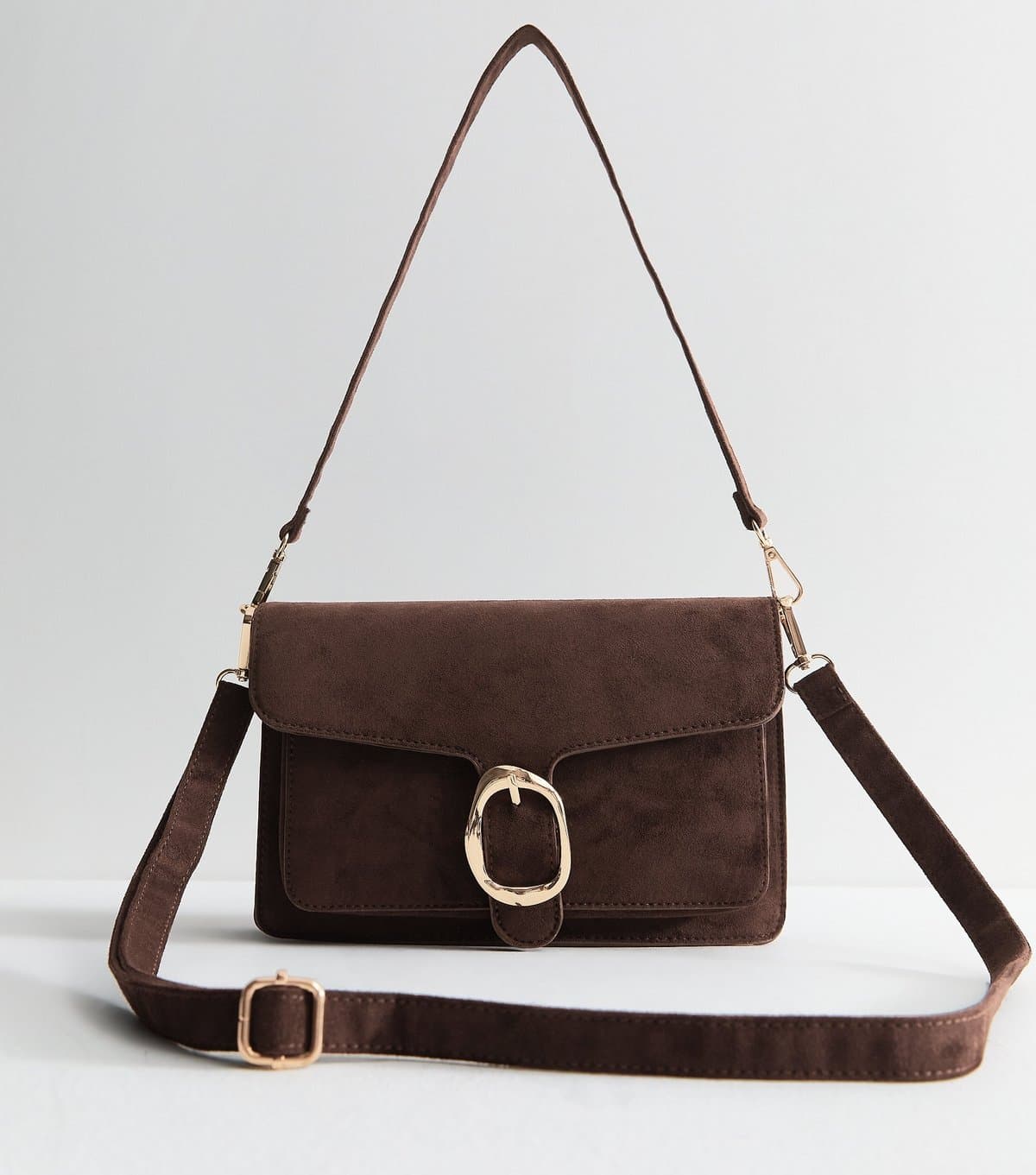 New Look Dark Brown Faux Suede Sculpted Buckle Shoulder Bag New Look