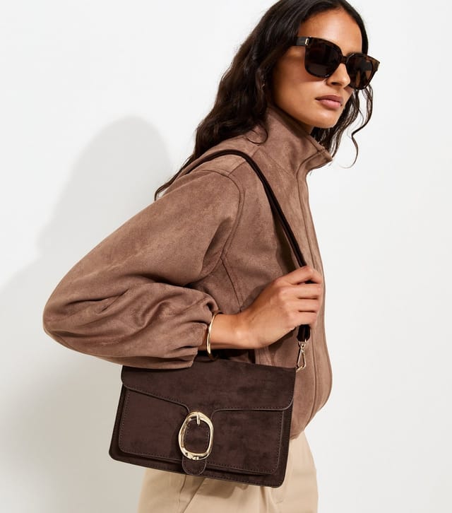 New Look Dark Brown Faux Suede Sculpted Buckle Shoulder Bag New Look - 2