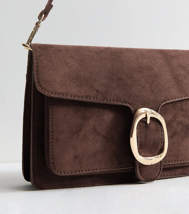 New Look Dark Brown Faux Suede Sculpted Buckle Shoulder Bag New Look - 3