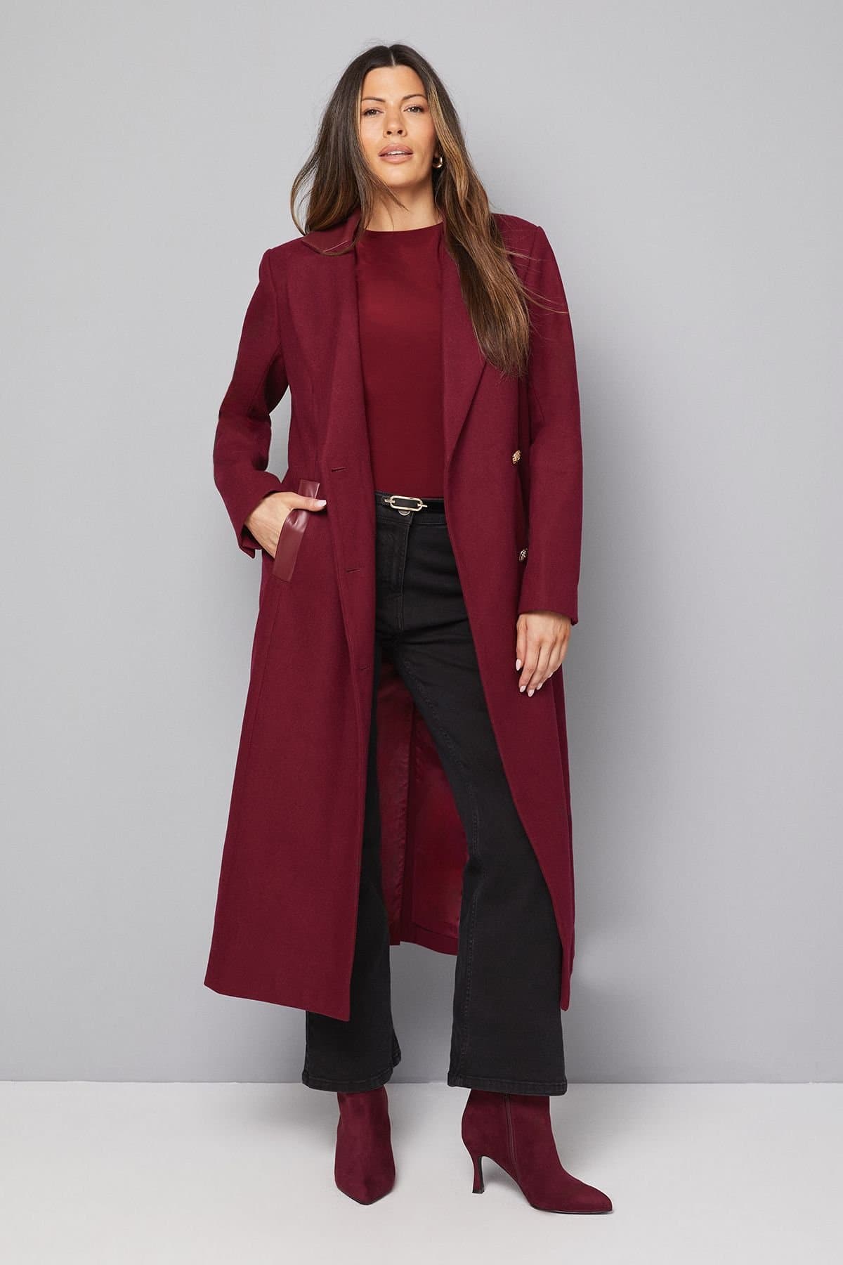 Wallis Wallis Women's PU Pocket Detail Longline Coat in Berry