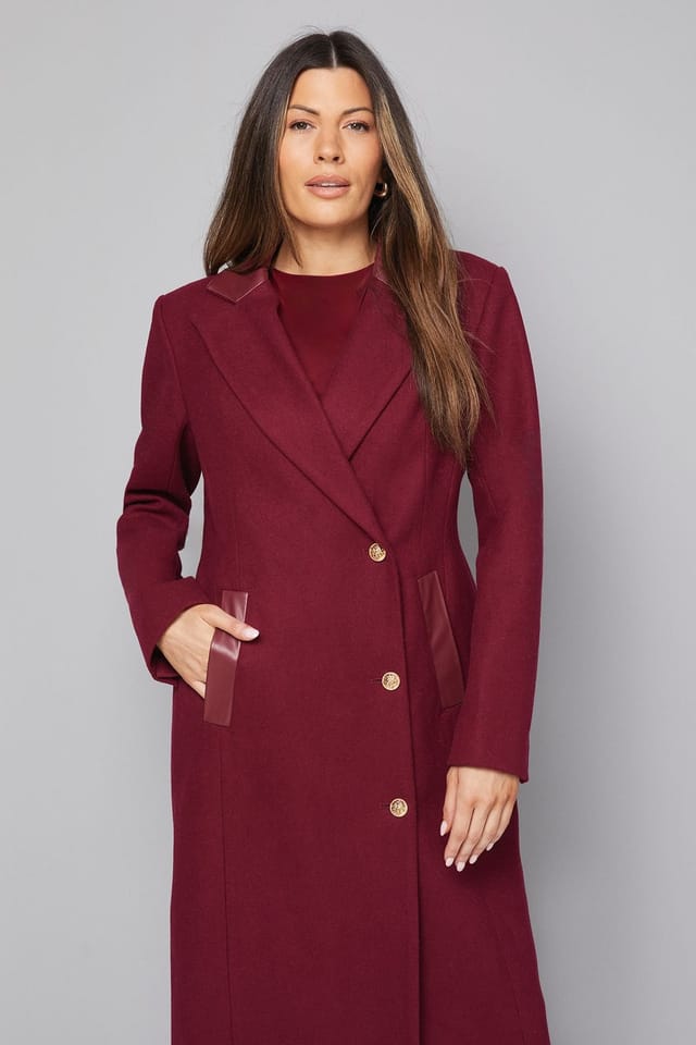 Wallis Wallis Women's PU Pocket Detail Longline Coat in Berry - 2