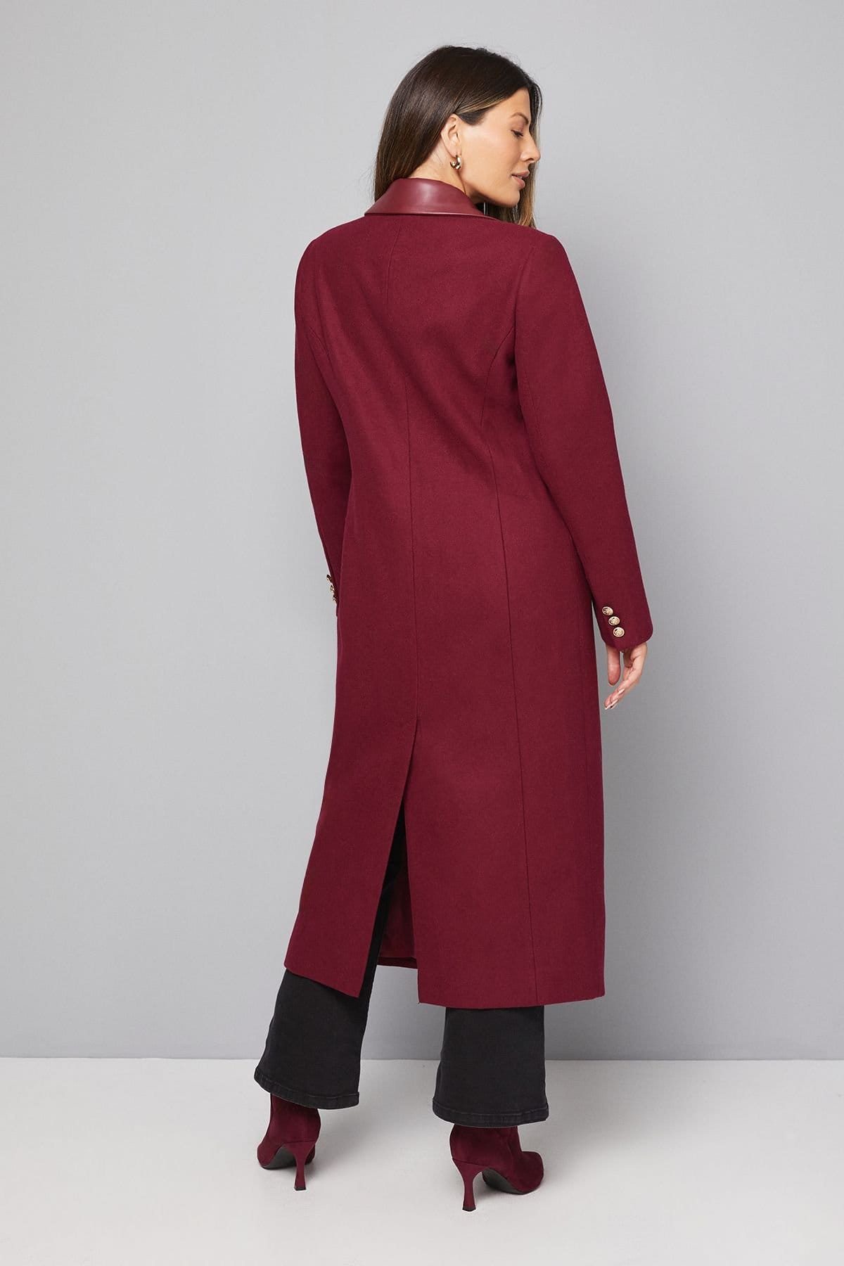 Wallis Wallis Women's PU Pocket Detail Longline Coat in Berry - 4