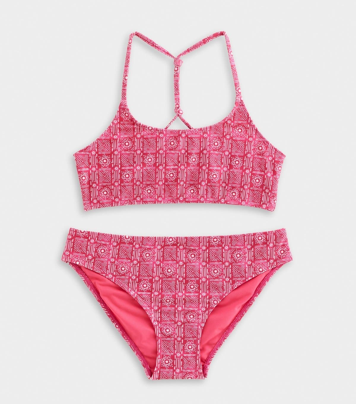 New Look Girls' Dark Pink Tile Pattern Back Detail Crop Top Bikini and Bottoms Set New Look
