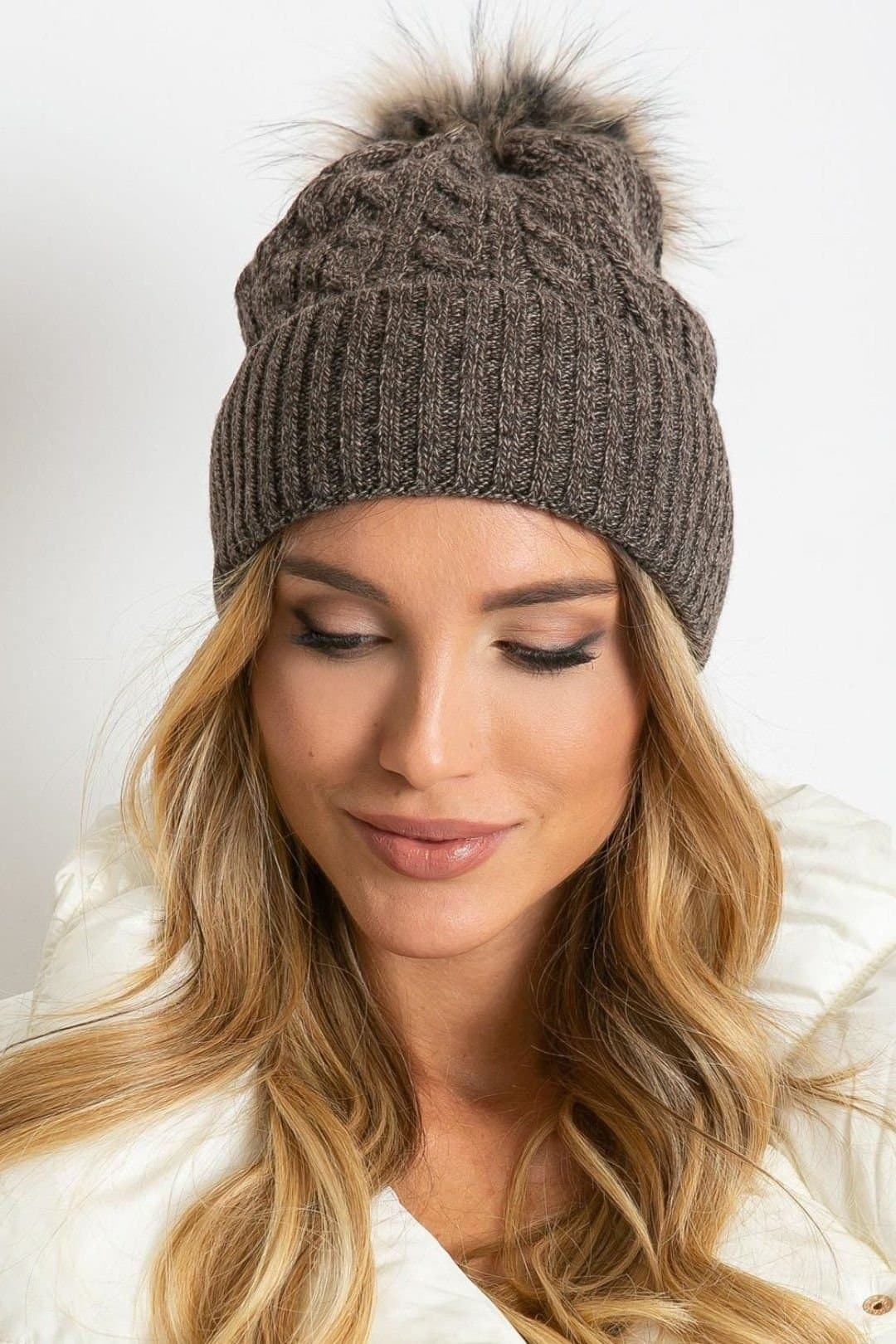 Love Lace Love Lace Women's Brown Winter Hat with Fluffy Pompom