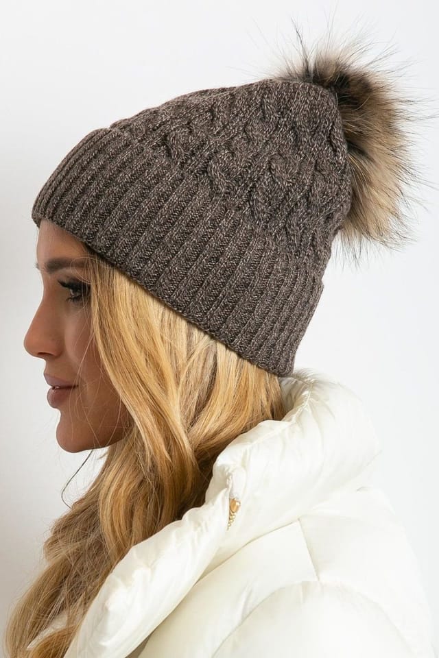 Love Lace Love Lace Women's Winter Hat Wide Cuff with Fluffy Pompom Soft Knit Beanie Cap in Brown - 2