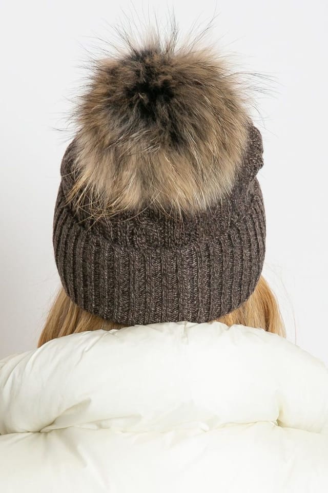 Love Lace Love Lace Women's Winter Hat Wide Cuff with Fluffy Pompom Soft Knit Beanie Cap in Brown - 3