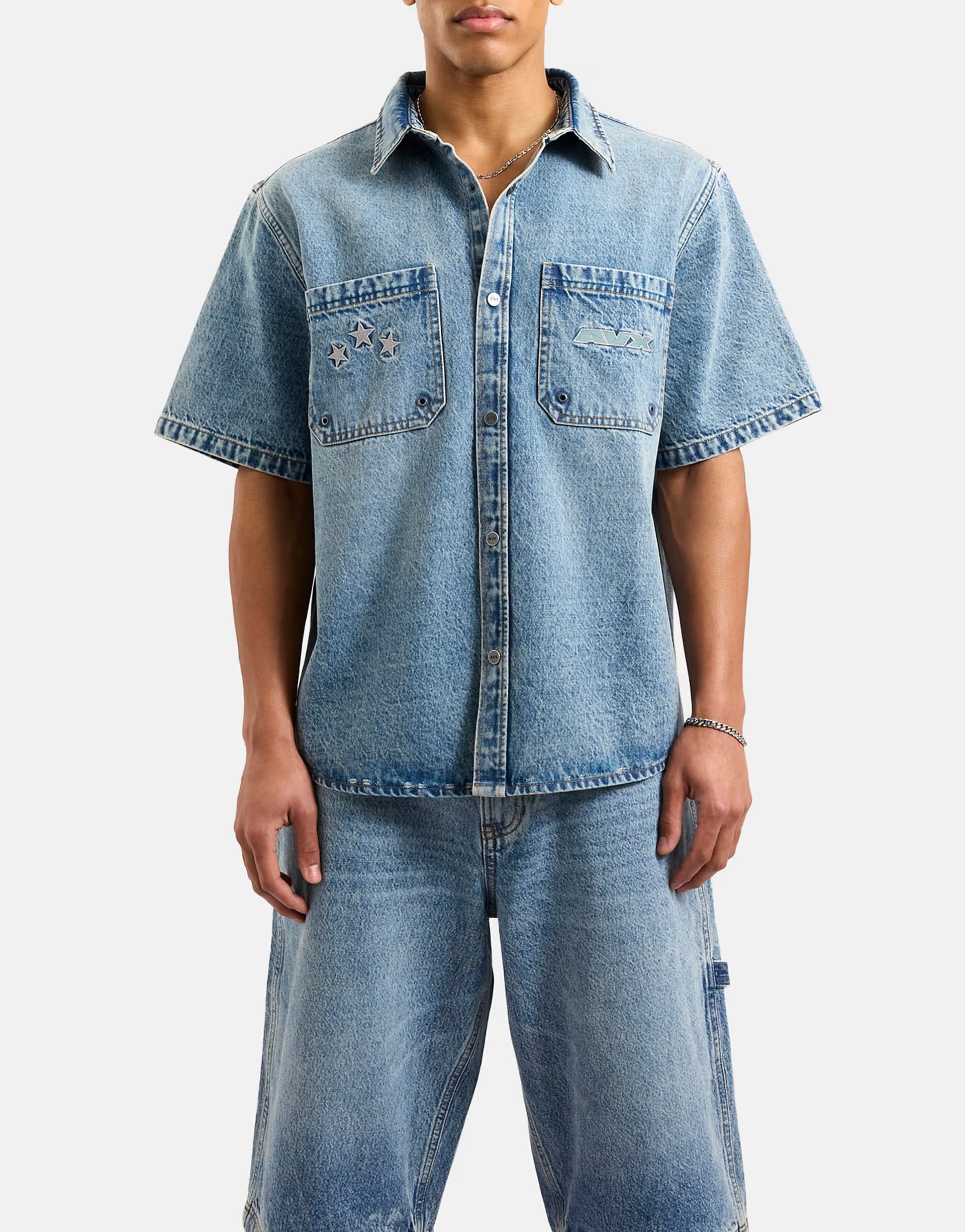 ASOS AVX Cruise denim short sleeve shirt in mid denim blue