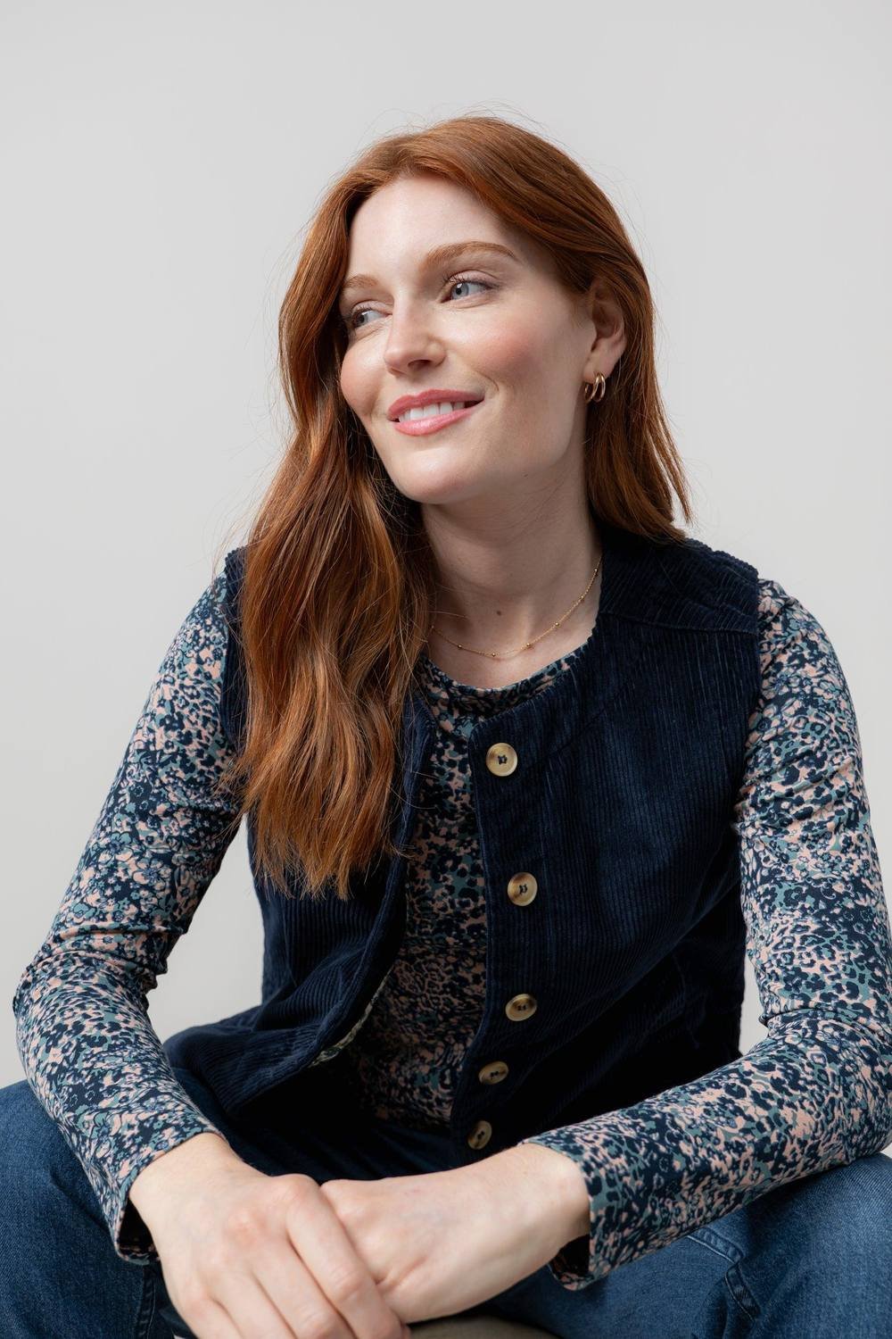 Lily & Me Lily & Me Women's Dusk Stretch Cotton Lined Jumbo Cord Gilet with Mock horn buttons in Navy - 1