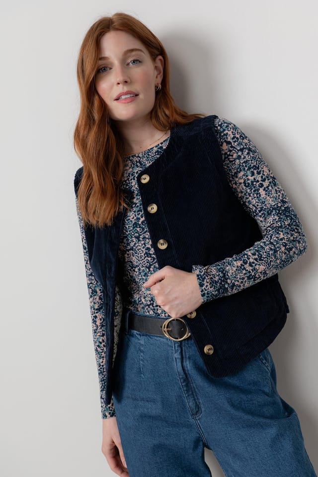 Lily & Me Lily & Me Women's Dusk Stretch Cotton Lined Jumbo Cord Gilet with Mock horn buttons in Navy - 2