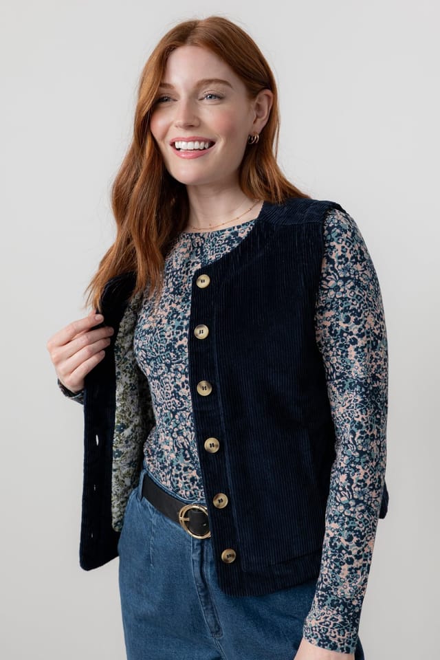 Lily & Me Lily & Me Women's Dusk Stretch Cotton Lined Jumbo Cord Gilet with Mock horn buttons in Navy - 3
